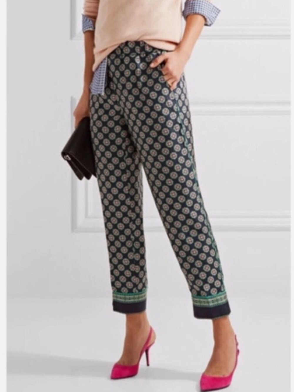 J CREW Cropped 100% Silk Pant Foulard Print Navy Green Pajama Bottoms Size 6